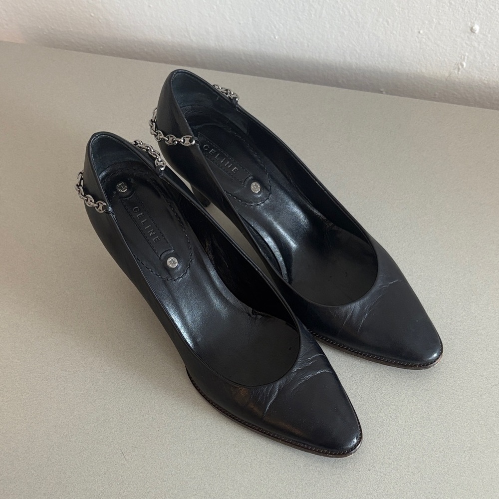 Sexy Vintage Celine Black Leather Heels with Chain Detail